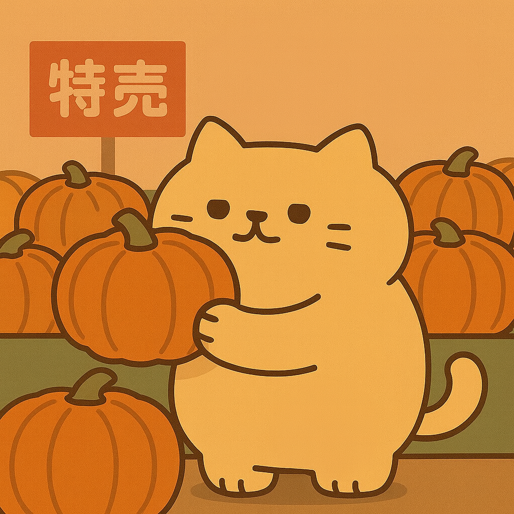 スーパーでかぼちゃを吟味するぶにぶに師匠